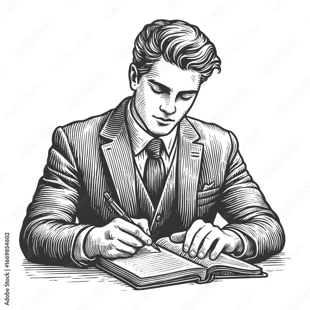 Poster businessman in a suit focused on writing in a notebook at his desk sketch engraving generative ai fi