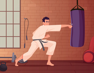 Karate fighter. male characters in kimono punch fist