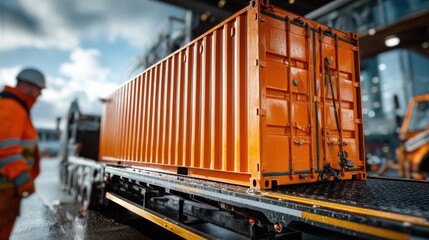 A detailed shot of an orange shipping container being loaded onto a truck, set against a backdrop of industrial activity and cloudy skies.
