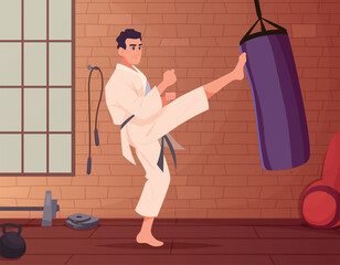 Leg punch. karate fighter in training room. vector cartoon background
