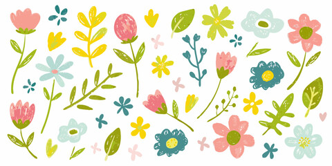 Assorted Hand Drawn Floral Elements in Pastel Colors on White Background flower spring