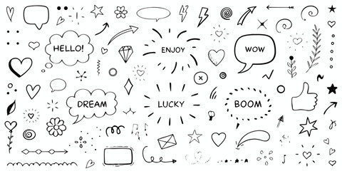 Black and White Hand Drawn Doodle Elements with Words and Speech Bubbles on White Background