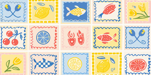 Cheerful Hand Drawn Mosaic of Food and Floral Elements in Pastel Colors on White