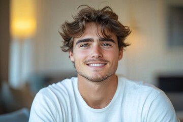 Close-up photo of a smiling young male blogger sitting in the office, talking online on a video call, recording a podcast, and conducting an online webinar, symbolizing engagement, Generative AI