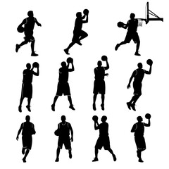 collection of Basket man silhouettes in different posses clipart vector illustrator