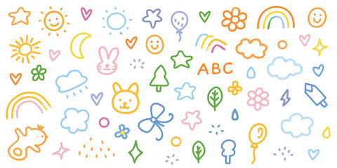 Collection of Hand Drawn Cute Doodle Icons With Pastel Colors On White drawing illustration