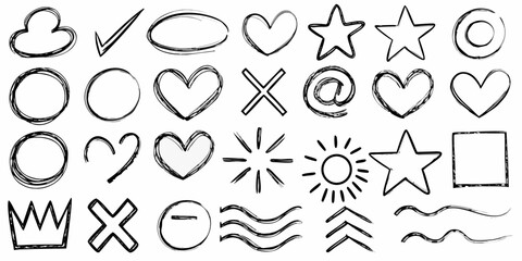 Collection Of Hand Drawn Doodle Icons Including Hearts Stars And Clouds sketch drawing