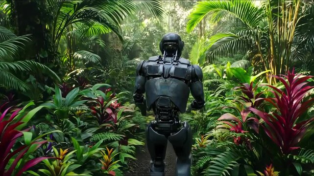 Dark robot in lush tropical forest