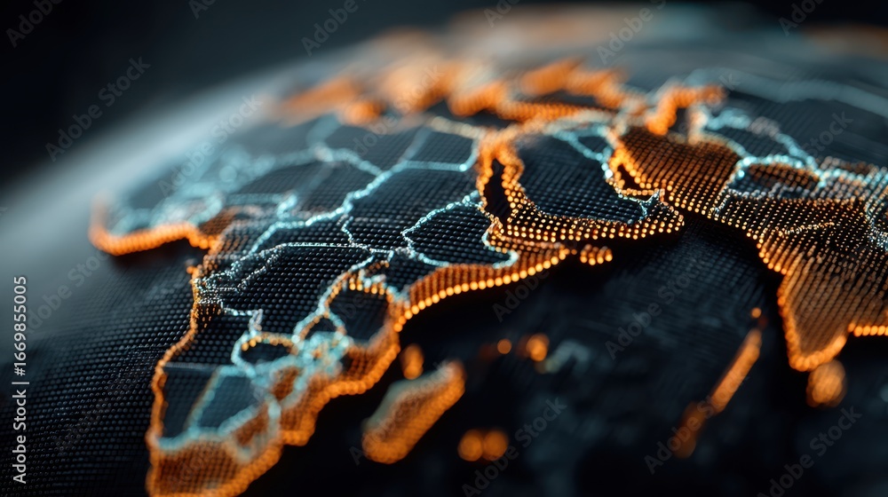 Poster a digital representation of a world map highlighting continents with bright lines and dots, emphasiz