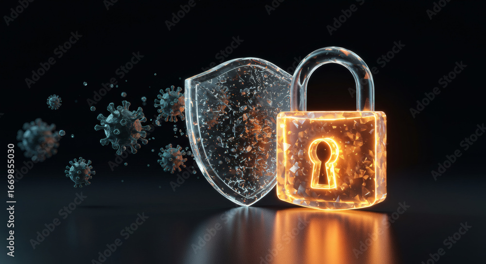Poster immunity and protection concept with a glowing digital padlock and shield blocking pathogenic virus 