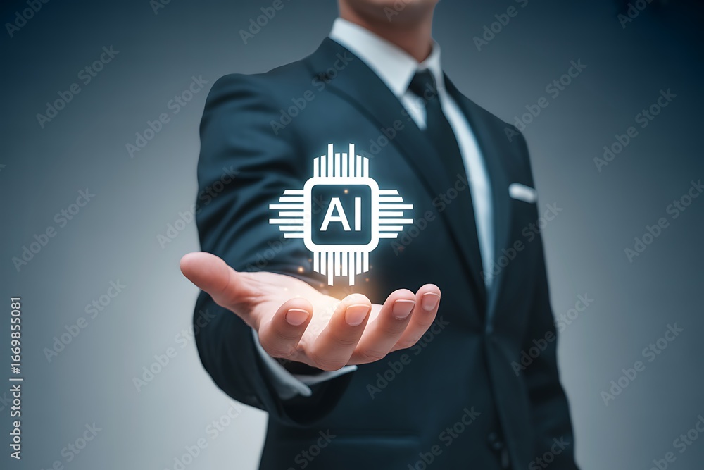 Poster a business professional presents a glowing artificial intelligence processor, representing the trans