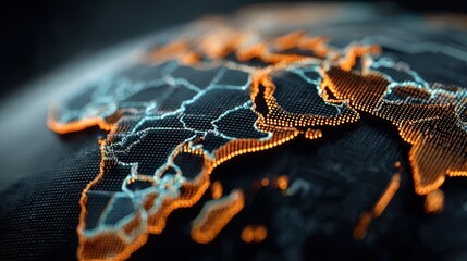 A digital representation of a world map highlighting continents with bright lines and dots, emphasizing global connectivity.