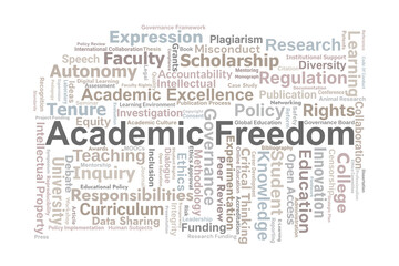 Academic Freedom Word Cloud. Key Concepts On Research, Teaching, Intellectual Rights, Governance, Ethics, Academic Integrity, And Global Higher Education Dynamics.