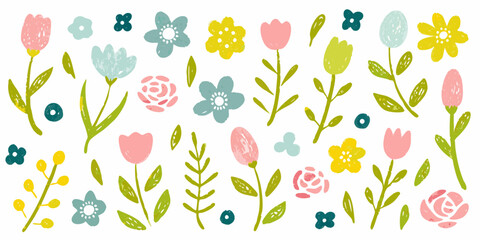 Hand Drawn Spring Flowers and Leaves Collection on White Background floral nature