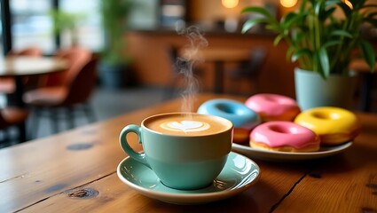 Coffee Cup with Donuts on Wooden Table