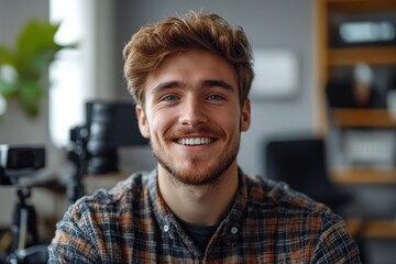 Close-up photo of a smiling young male blogger sitting in the office, talking online on a video call, recording a podcast, and conducting an online webinar, symbolizing engagement, Generative AI