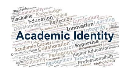 Academic Identity Word Cloud. Core Concepts On Scholarship, Research, Education, Pedagogy, Knowledge, And Professional Roles Within Higher Education Contexts.