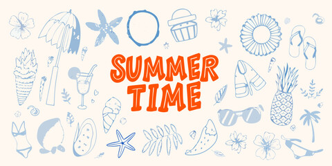 Summer Time Hand Drawn Icons And Text On A Light Yellow Background vacation beach