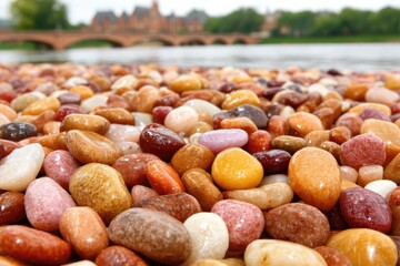 Close-up of colorful pebbles on riverbank, with a bridge in the background