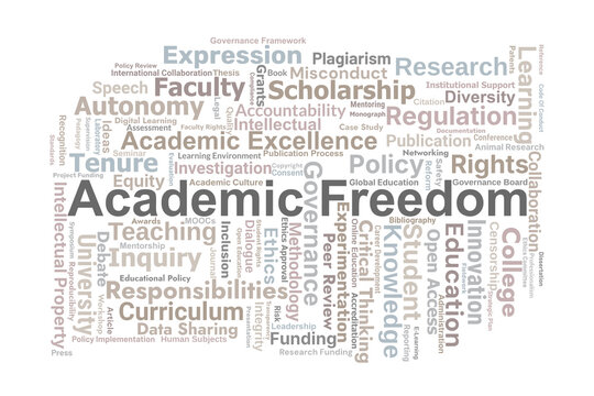 Academic Freedom Word Cloud. Key Concepts On Research, Teaching, Intellectual Rights, Governance, Ethics, Academic Integrity, And Global Higher Education Dynamics.