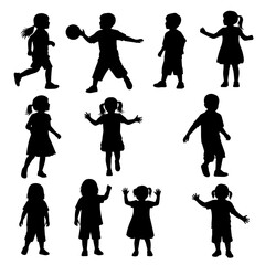 Group of children various poses standing in row vector silhouette set.