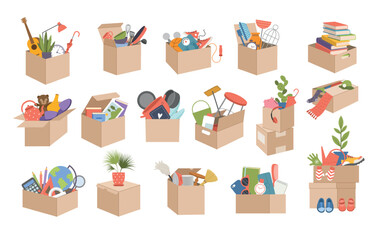 Moving boxes. Books office documents and different home supplies in cardboard boxes recent vector illustrations