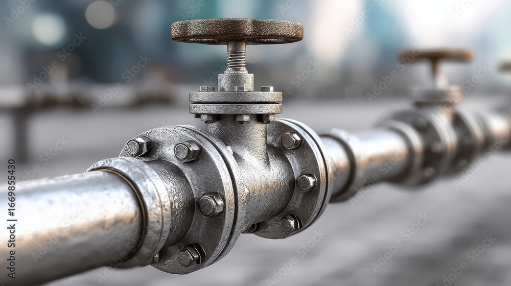 Poster a close-up view of a metallic valve on a pipe, showcasing industrial design and functionality in a m