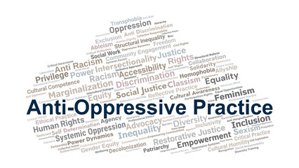 Anti-Oppressive Practice Word Cloud. Core Concepts On Equity, Justice, Rights, Inclusion, Empowerment, And Systemic Change In Social Work And Critical Practice.