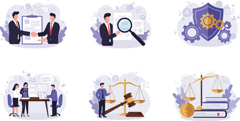 Legal and law concept, business professionals discussing contracts, legal consultation, justice scales, gavel and law books, legal advice, courtroom illustration