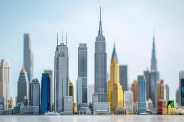 Fototapeta premium Famous city landmarks represented in miniature from New York, Dubai, and Tokyo