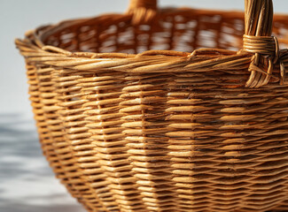 Close up of a woven wicker picnic basket handle and side isolated on white background