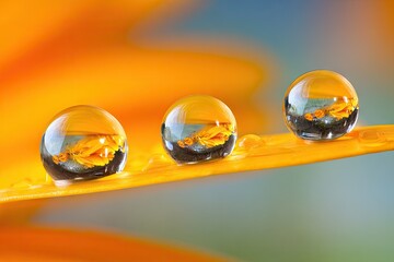 Dewdrops on a petal, reflecting a vibrant flower