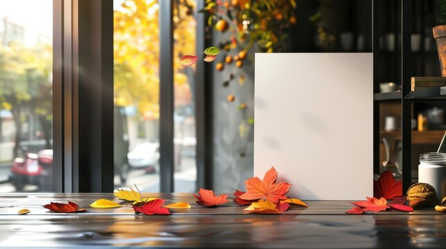 Autumn back to school mockup with blank canvas and colorful leaves. Horizontal banner. Copy space. Template, mock-up for cafe, coffee shop, bar, bakery
