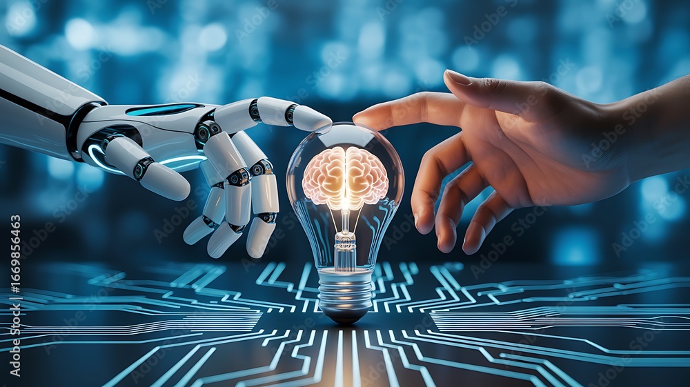 Aufkleber human and robot collaborate on ai brain lightbulb symbolizing innovation and future technology