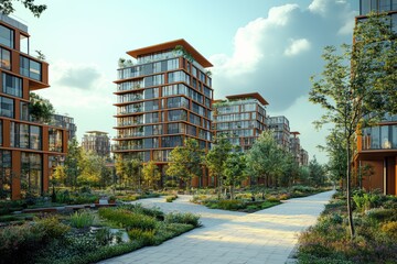 Mixed-use urban development features minimalist architecture and green spaces in modern city