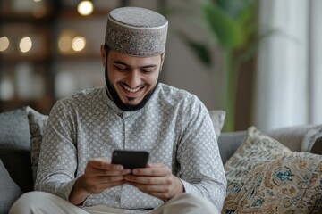 Young smiling Muslim man using a phone while sitting at home on the sofa, playing online games, placing bets, and celebrating a win, showing joy and satisfaction from his success, Generative AI