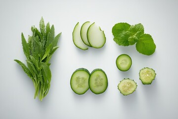 Natural ingredients for skincare featuring cucumber and mint on a plain background