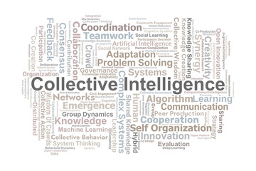 Collective Intelligence Word Cloud. Key Concepts On Collaboration, Shared Knowledge, Problem Solving, Creativity, Decision Making, And Group Dynamics In Complex Systems.