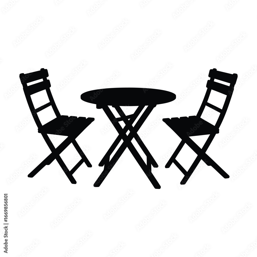 Poster silhouette of a round bistro table with two folding chairs on a white background