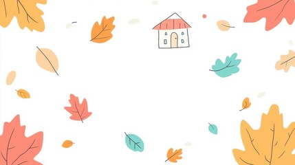 Obraz premium Autumn leaves frame with a house cartoon drawing, perfect for kids, fall season decoration or