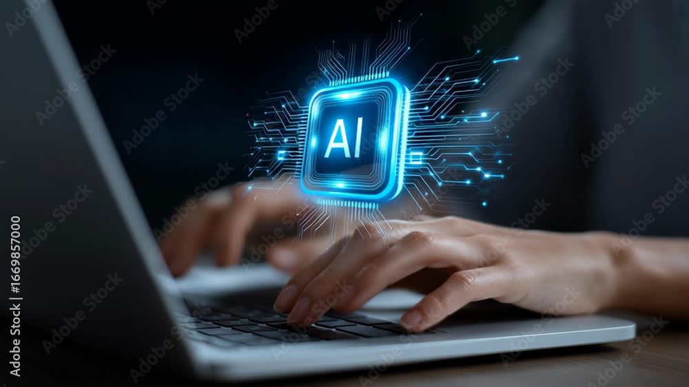 Poster ai accounting automation technology with glowing chip above laptop keyboard hands typing digital fin