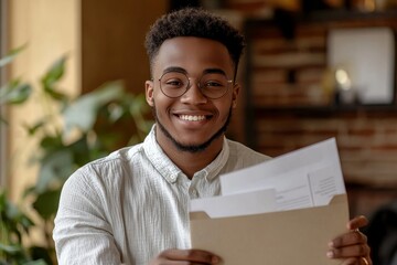 Portrait of a young businessman working at a desk with a laptop, holding an envelope with a letter and documents, smiling and looking at the camera, reflecting satisfaction  success, Generative AI