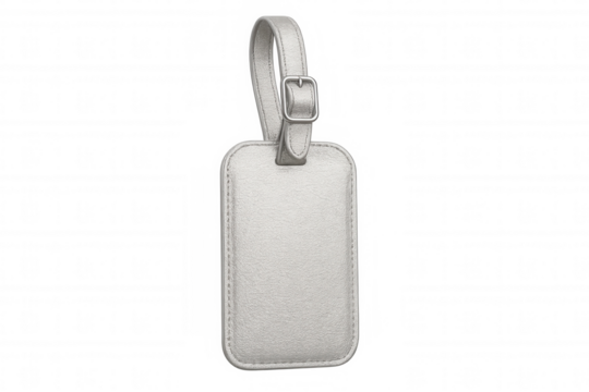 Silver leather luggage tag lying flat, blank surface waiting for custom text, transparent backdrop highlighting clean design