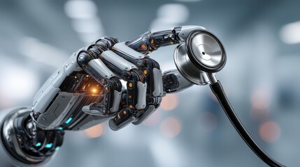 A futuristic robotic hand gently touches a stethoscope, symbolizing the integration of technology and healthcare.