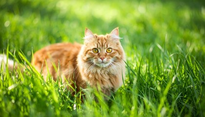 A domestic tabby kitten with big eyes lies in the tall grass