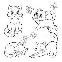 Cute cartoon adorable cat with flowers coloring pages for kids, vector outline illustration for children book design