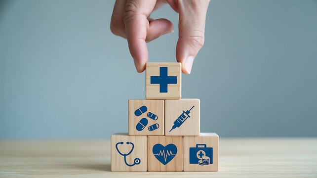 Building blocks of health care a hand stacks cubes with medical icons symbolizing wellness