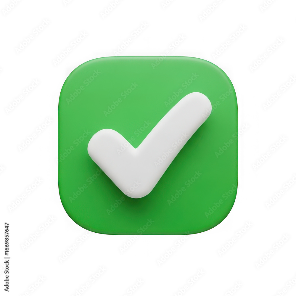 Poster green square with rounded corners featuring a white 3d check mark symbol isolated on transparent bac