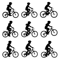 Obraz premium Set of silhouette of children riding bicycle illustration. Toddler play a bike outdoor.