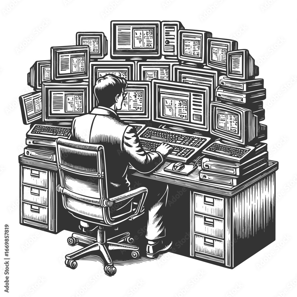 Poster businessman sitting at a desk surrounded by multiple computer monitors, symbolizing data and technol